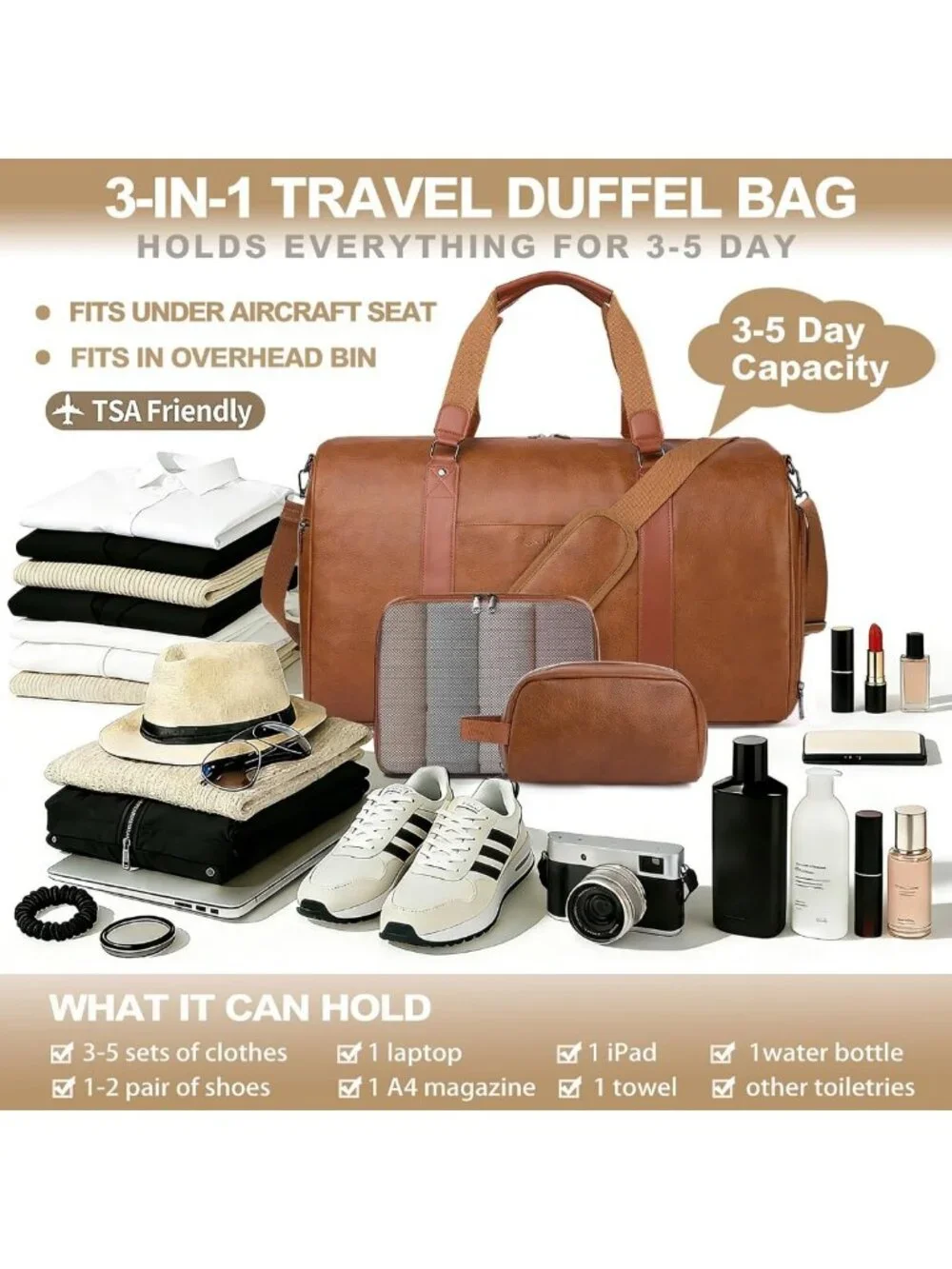 Versatile 3-in-1 Leather Duffle Bag for Travel, Gym, & Weekend Getaways